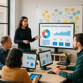 The image features a modern office environment bathed in natural light with employees engaged in work at sleek desks adorned with dual monitors In the-1